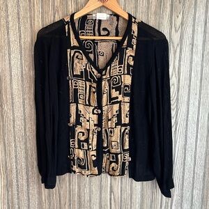 Vintage 90’s Black Tan Abstract Aztec Pattern Panel Long Sleeve Cardigan Sweater